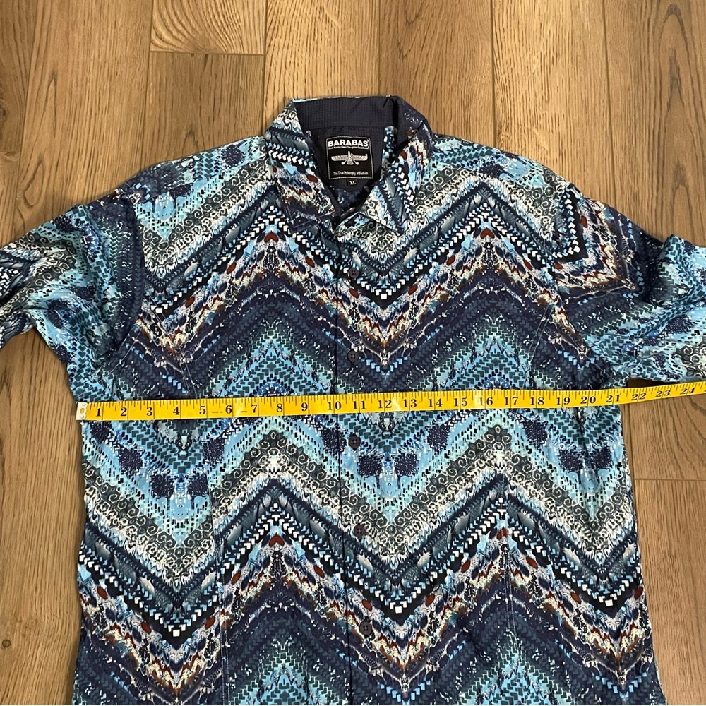 Barabas Tribal Print Long‎ Sleeve Blue Button Down Shirt Herringbone - Picture 8 of 11